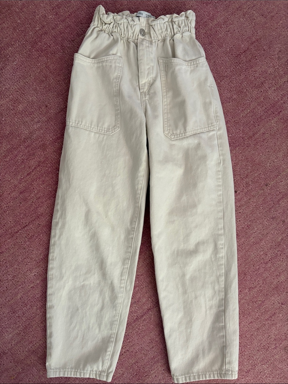 Zara Girls Kids 13-14 Ecru Beige Cream Paperbag High Waist Relaxed Jeans